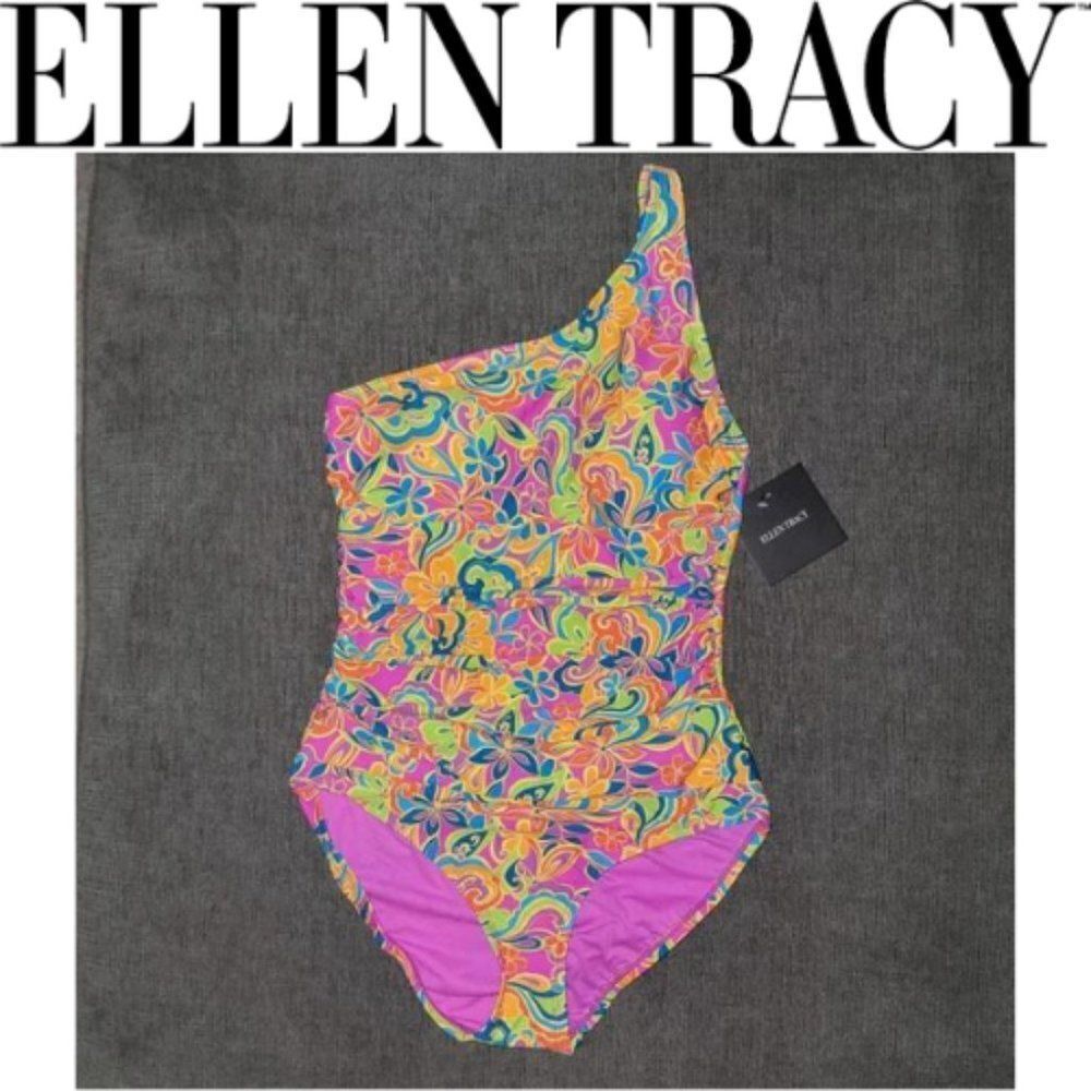Ellen Tracy Women's Floral One Shoulder One Piece Swimsuit Size 8